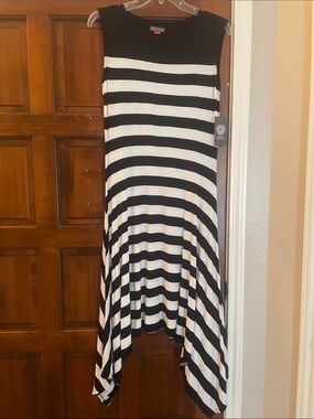 Vince Camuto Black and White Striped Asymmetrical Hem Dress